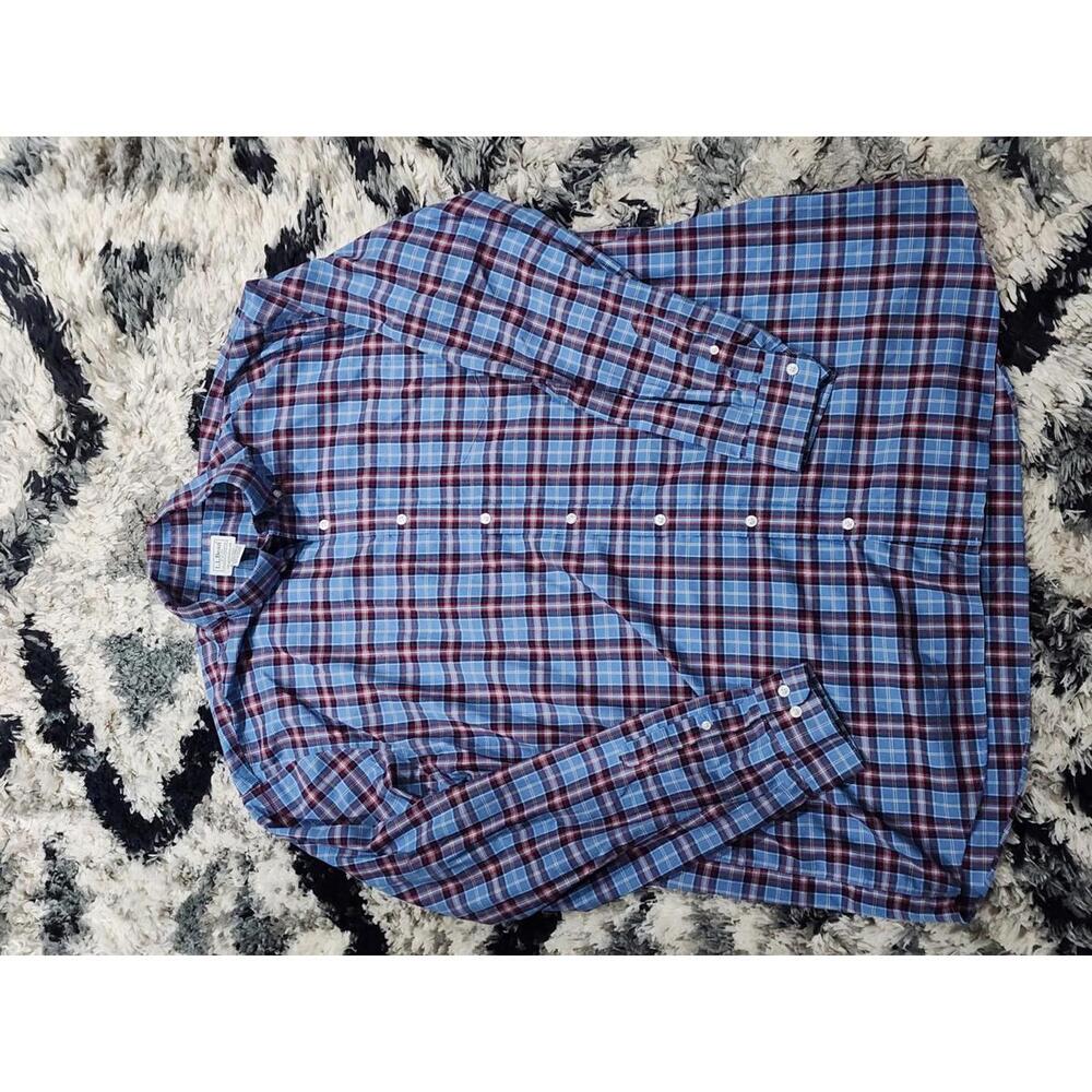 LL Bean XXL Tall Blue and Red Plaid Stripped Button Up Long Sleeve Dress Shirt